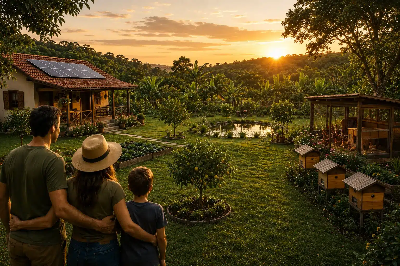 Família olhando o quintal produtivo ao fim da tarde